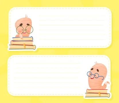 Cute Worm Character with Book in Glasses Note Card Vector Template Illustrazione stock