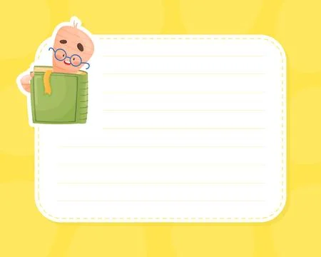 Cute Worm Character with Book in Glasses Note Card Vector Template Illustrazione stock
