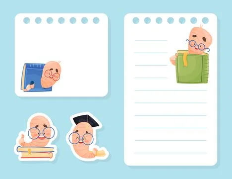 Cute Worm Character with Book in Glasses Note Card Vector Template Illustrazione stock