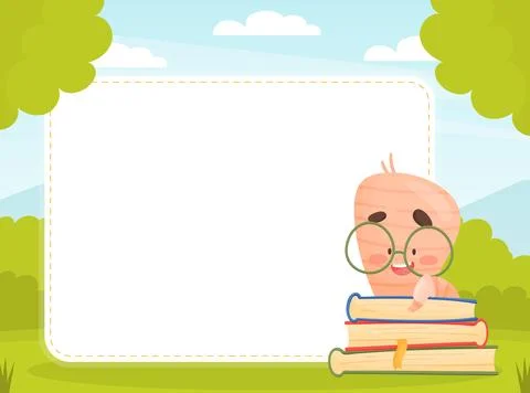 Cute Worm Character with Book in Glasses Note Card Vector Template Illustrazione stock