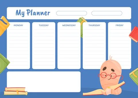 Cute Worm Character with Book in Glasses Planner Vector Template Illustrazione stock