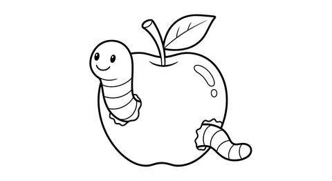 Cute Worm Emerging from a Bitten Apple - Outline Drawing Иллюстрация
