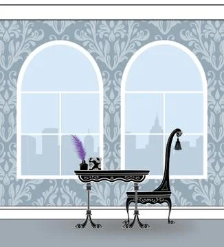 Cute Writing Table in a Gray Damask Room With Palladian Windows Illustrazione stock