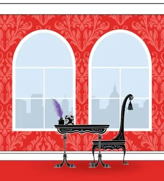 Cute Writing Table in a Red Damask Room With Palladian Windows Illustrazione stock