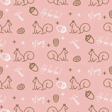 Cute xmas pattern with squirrels and acorns line style vector background. Stock Illustration