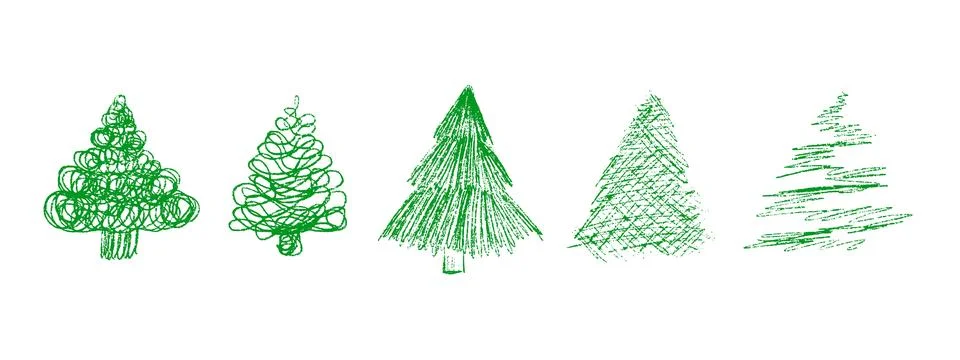 Cute Xmas tree vector set. Wax crayon and charcoal doodles, childlike scrib.. Stock Illustration