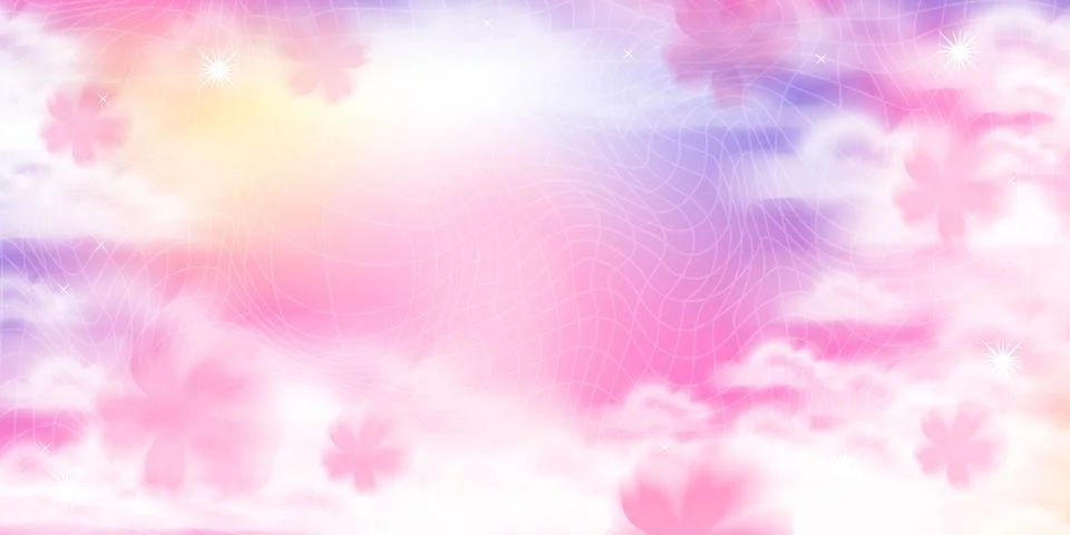Cute y2k cloud sky sunset background with grid, stars and sakura flowers fo.. Stock Illustration