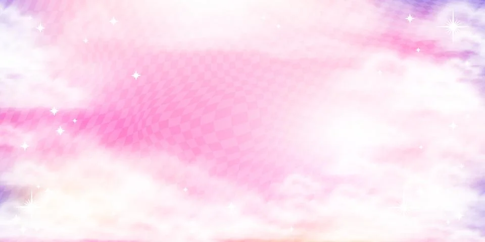 Cute y2k cloud sky sunset background with grid, stars and sakura flowers for Stock Illustration