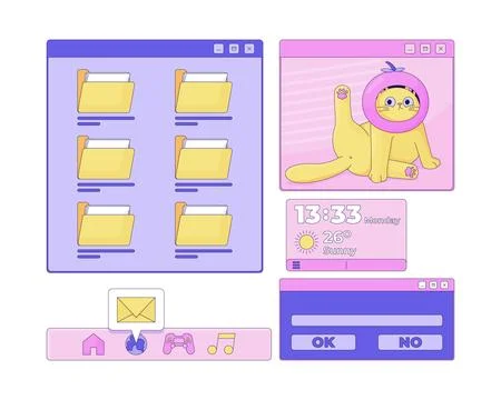 Cute Y2K UI widgets and windows 2D cartoon objects set Stock Illustration