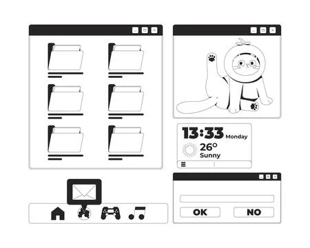 Cute Y2K UI widgets and windows 2D line objects set Stock Illustration