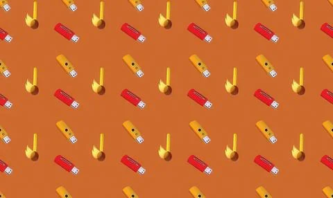 Cute yellow and red usb flash drives on brown background Stock Illustration