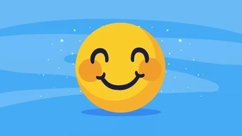 Cute yellow blushing smiley face emoji animation on blue background with wh.. Vidéo 333719434