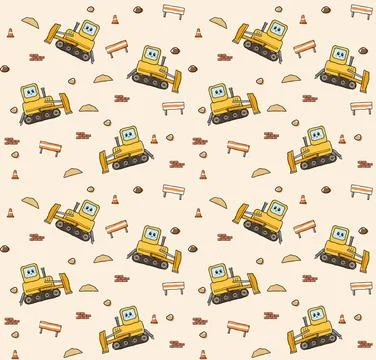 Cute yellow bulldozer pattern with construction signs for playful textile d.. Stock Illustration