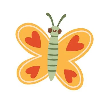 Cute yellow butterfly character vector illustration with heart pattern wings Stock Illustration