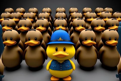 Cute yellow cartoon duck figure mascot in front of a lineup of police officers Stock Illustration