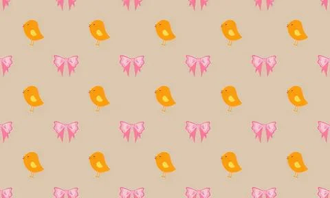 Cute yellow chick and pink bow pattern on beige background Stock Illustration