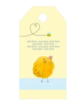 Cute yellow chick with a bee. Easter. Tag or banner, postcard design. Flat Stock Illustration
