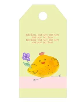 Cute yellow chick with a flower. Easter holiday. Tag or banner, postcard design Stock Illustration