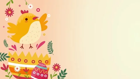 Cute yellow chick sitting inside cracked easter egg with floral patterns Stock Footage 327518081