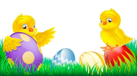 Cute yellow chicks and easter eggs Stock Illustration