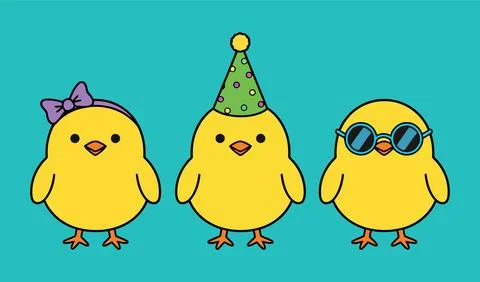 Cute Yellow Chicks with Bow Party Hat and Sunglasses Cartoon Set Illustrazione stock