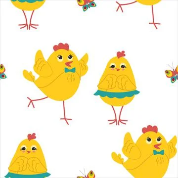 Cute yellow chicks in different poses seamless pattern, birds and flowers Illustrazione stock
