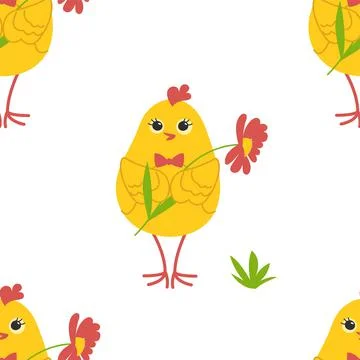 Cute yellow chicks in different poses seamless pattern, birds and flowers Illustrazione stock