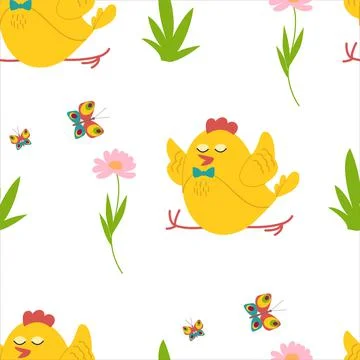 Cute yellow chicks in different poses seamless pattern, birds and flowers Stock Illustration