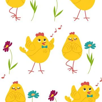 Cute yellow chicks in different poses seamless pattern, birds and flowers イラスト素材