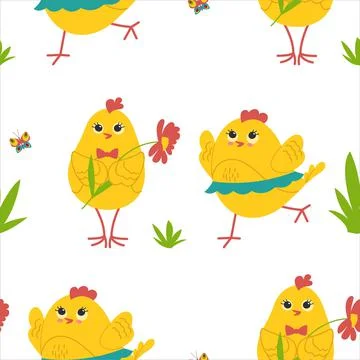 Cute yellow chicks in different poses seamless pattern, birds and flowers Stock Illustration