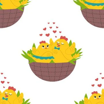 Cute yellow chicks in different poses seamless pattern, birds and flowers Stock Illustration