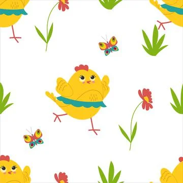 Cute yellow chicks in different poses seamless pattern, birds and flowers Stock Illustration