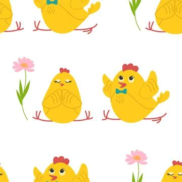 Cute yellow chicks in different poses seamless pattern, birds and flowers Stock Illustration
