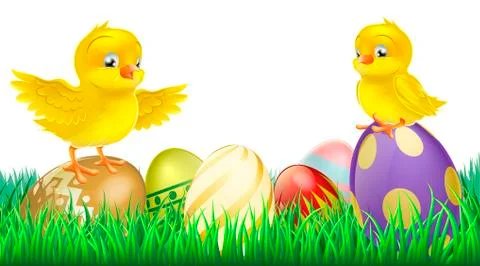 Cute yellow chicks on easter eggs Stock Illustration