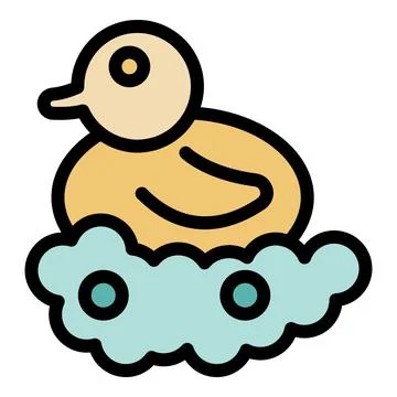 Cute yellow duck floating on water with bubbles, minimalist icon Stock Illustration