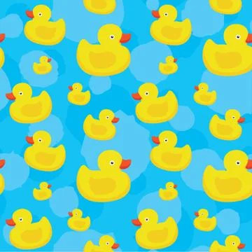Cute yellow ducks seamless vector pattern on blue background Stock Illustration