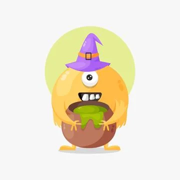 Cute yellow monster with magic potion cartoon illustration Stock Illustration