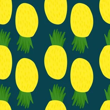 Cute yellow pineapple seamless pattern on dark background. Hand drawn summer  Stock Illustration