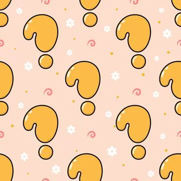 Cute yellow question marks pattern with small flowers and dots Stock Illustration