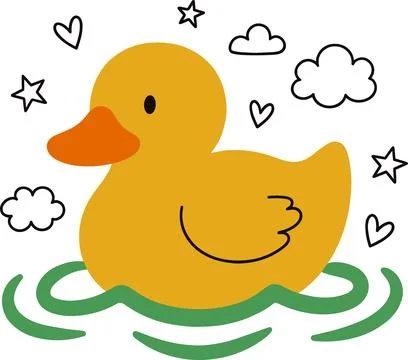 Cute Yellow Rubber Duck Floating in Water with Doodle Elements. Stock Illustration