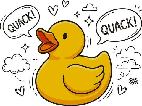 Cute Yellow Rubber Duck Quacking with Doodle Elements. 스톡 일러스트