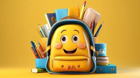 Cute yellow smiling backpack with school supplies on yellow background. Bac.. Stock Illustration