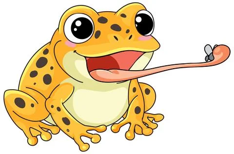 Cute Yellow Spotted Frog Catching a Fly with Long Tongue Stock Illustration