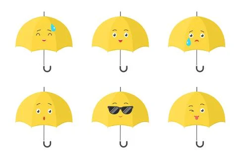 Cute yellow umbrellas set, funny parasol mascots with different mood expressions Illustrazione stock