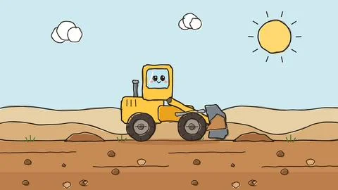 Cute yellow wheel loader digging sandy ground at construction site for chil.. Illustrazione stock