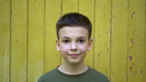 Cute young boy close-up portrait looking at camera Video stock 342191499