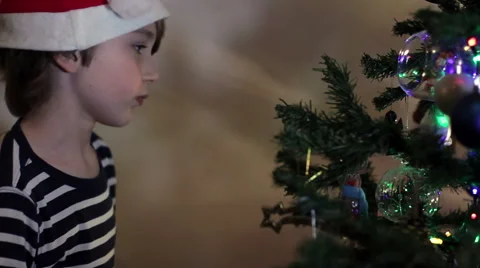 Cute Young Boy Decorates Tree#1 Stock Footage 45660065