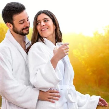 Cute young Couple in bathrobe. Foto stock