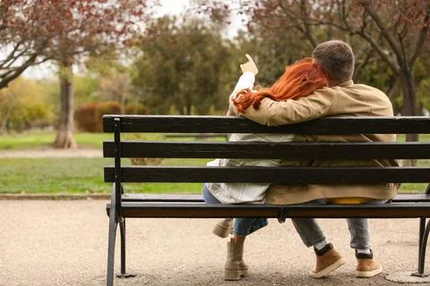 Cute young couple hugging while sitting on bench in autumn park, back view Stockfoto's