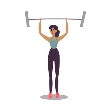 Cute young dark-haired athletic woman standing and lifting up a barbell in a gym Stock Illustration